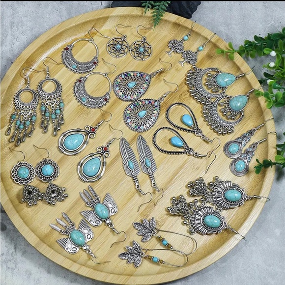 (Last 1) Bohemian vintage style turquoise stone drop earrings boho country aztec - Picture 4 of 5
